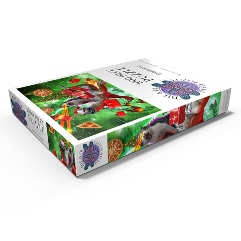 Darstellung des Puzzle Motivs Christmas Present Cat Riding Dinosaur - Random Galaxy Christmas Present Cat Riding Dinosaur - Random Galaxy 1000 Puzzle Schachtel Ansicht1