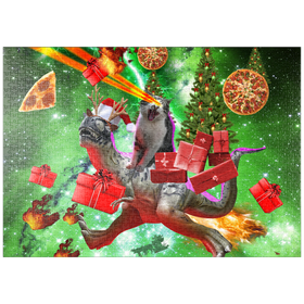 Darstellung des Puzzle-Motivs Christmas Present Cat Riding Dinosaur - Random Galaxy – Puzzleteile: 1000