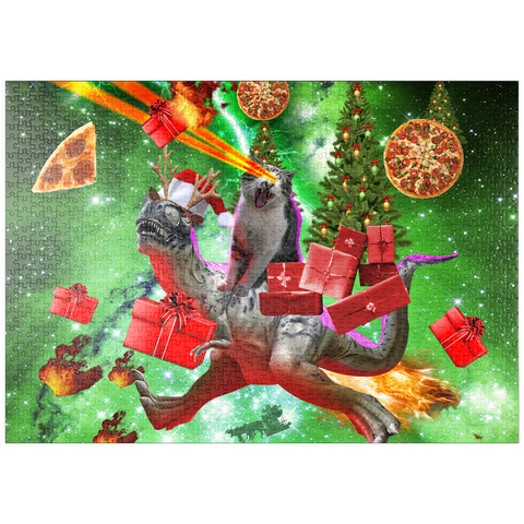 Darstellung des Puzzle Motivs Christmas Present Cat Riding Dinosaur - Random Galaxy puzzleplate Christmas Present Cat Riding Dinosaur - Random Galaxy 1000 Puzzle