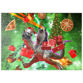 Darstellung des Puzzle-Motivs Christmas Present Cat Riding Dinosaur - Random Galaxy – Puzzleteile: 500