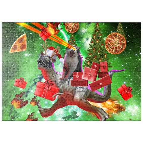 Darstellung des Puzzle Motivs Christmas Present Cat Riding Dinosaur - Random Galaxy puzzleplate Christmas Present Cat Riding Dinosaur - Random Galaxy 500 Puzzle