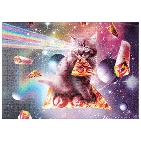 Darstellung des Puzzle Motivs Rainbow Space Cat Firing Pizza Lasers - Random Galaxy - Puzzleteile: 500