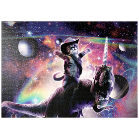 Darstellung des Puzzle-Motivs Cowboy Cat with Dinosaur in Galaxy - Random Galaxy – Puzzleteile: 1000