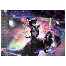 Darstellung des Puzzle-Motivs Cowboy Cat with Dinosaur in Galaxy - Random Galaxy – Puzzleteile: 500