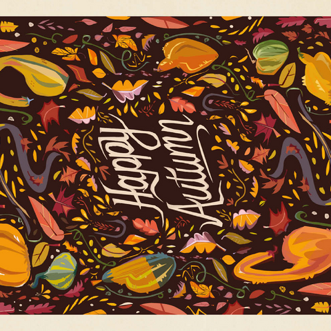 Darstellung des Puzzle Motivs Happy Autum, Colorful Autumn Harvest with Leaves and Gourds Happy Autum, Colorful Autumn Harvest with Leaves and Gourds 500 Puzzle 3D Modell