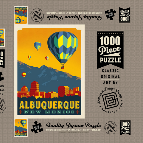 Darstellung des Puzzle Motivs Albuquerque, New Mexico Skyline with Hot Air Balloons and Mountains Albuquerque, New Mexico Skyline with Hot Air Balloons and Mountains 1000 Puzzle Schachtel 3D Modell
