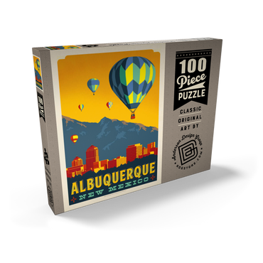 Darstellung des Puzzle Motivs Albuquerque, New Mexico Skyline with Hot Air Balloons and Mountains 100 Puzzle Schachtel Ansicht2