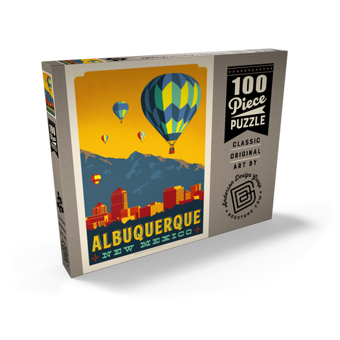 Darstellung des Puzzle Motivs Albuquerque, New Mexico Skyline with Hot Air Balloons and Mountains Albuquerque, New Mexico Skyline with Hot Air Balloons and Mountains 100 Puzzle Schachtel Ansicht2