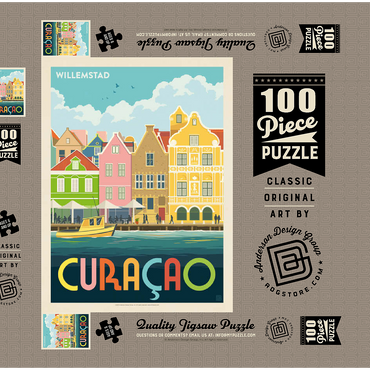 Darstellung des Puzzle Motivs Curaçao: Willemstad Waterfront with Colorful Dutch Architecture 100 Puzzle Schachtel 3D Modell