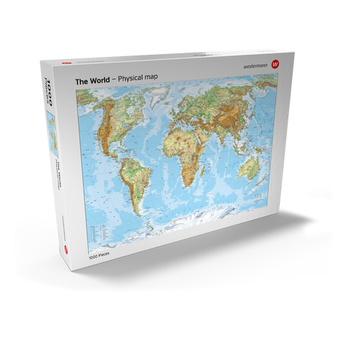 Darstellung des Puzzle Motivs Physische Weltkarte – Globale Geografie Physical World Map Global Geography 1000 Puzzle Schachtel Ansicht2