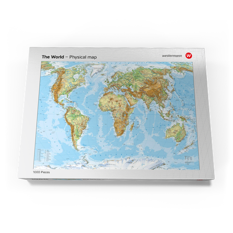 Darstellung des Puzzle Motivs Physische Weltkarte – Globale Geografie Physical World Map Global Geography 1000 Puzzle Schachtel Ansicht3