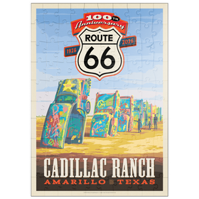 Darstellung des Puzzle Motivs 100th Anniversary Of Route 66 - Cadillac Ranch, Amarillo Texas Sunset - Puzzleteile: 100