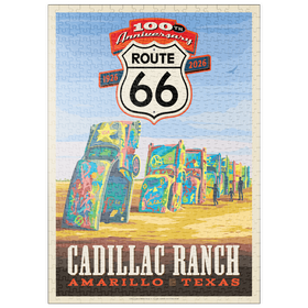 Darstellung des Puzzle Motivs 100th Anniversary Of Route 66 - Cadillac Ranch, Amarillo Texas Sunset - Puzzleteile: 500
