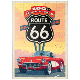 Darstellung des Puzzle Motivs 100th Anniversary Of Route 66 - Classic Red Corvette - Puzzleteile: 500