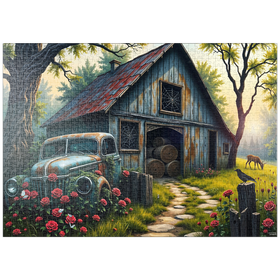 Darstellung des Puzzle-Motivs Rustic Barn Vintage Truck Meadow Landscape – Puzzleteile: 1000