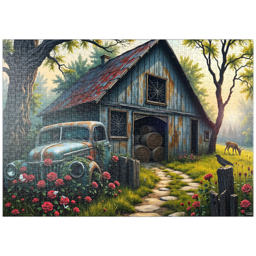 Darstellung des Puzzle Motivs puzzleplate Rustic Barn Vintage Truck Meadow Landscape 1000 Puzzle