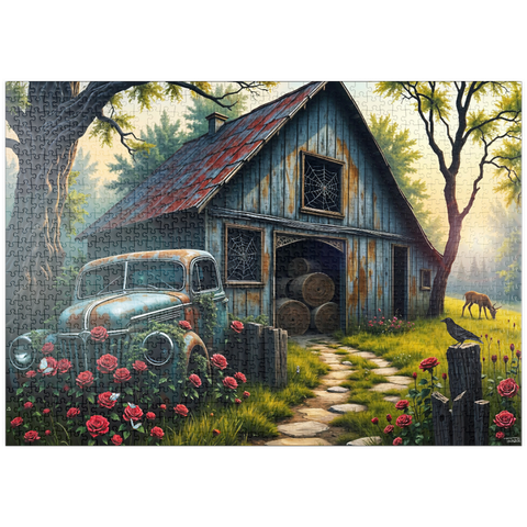 Darstellung des Puzzle Motivs Rustic Barn Vintage Truck Meadow Landscape puzzleplate Rustic Barn Vintage Truck Meadow Landscape 1000 Puzzle