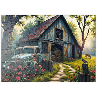Darstellung des Puzzle Motivs puzzleplate Rustic Barn Vintage Truck Meadow Landscape 100 Puzzle