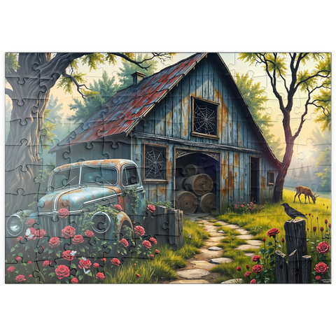 Darstellung des Puzzle Motivs Rustic Barn Vintage Truck Meadow Landscape puzzleplate Rustic Barn Vintage Truck Meadow Landscape 100 Puzzle