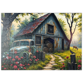 Darstellung des Puzzle Motivs Rustic Barn Vintage Truck Meadow Landscape - Puzzleteile: 100