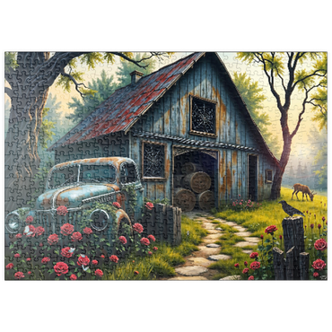 Darstellung des Puzzle Motivs puzzleplate Rustic Barn Vintage Truck Meadow Landscape 500 Puzzle