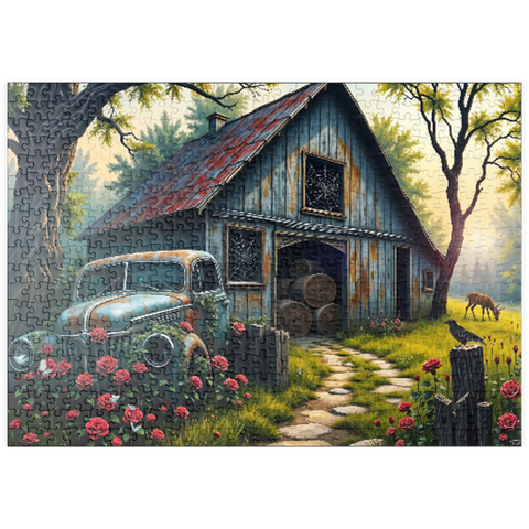 Darstellung des Puzzle Motivs Rustic Barn Vintage Truck Meadow Landscape puzzleplate Rustic Barn Vintage Truck Meadow Landscape 500 Puzzle