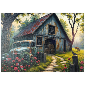 Darstellung des Puzzle Motivs Rustic Barn Vintage Truck Meadow Landscape - Puzzleteile: 500