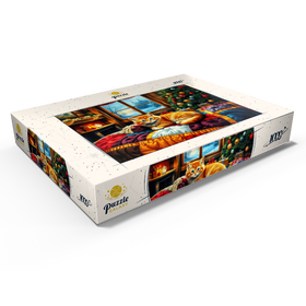 Darstellung des Puzzle Motivs Cozy Christmas Cabin Kitten Winter Window View - Puzzleteile: 1000