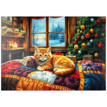 Darstellung des Puzzle Motivs puzzleplate Cozy Christmas Cabin Kitten Winter Window View 1000 Puzzle