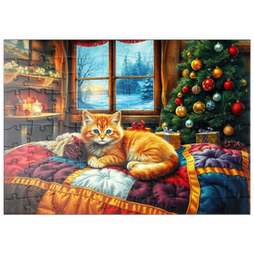 Darstellung des Puzzle Motivs Cozy Christmas Cabin Kitten Winter Window View - Puzzleteile: 100