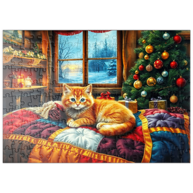 Darstellung des Puzzle Motivs Cozy Christmas Cabin Kitten Winter Window View - Puzzleteile: 200