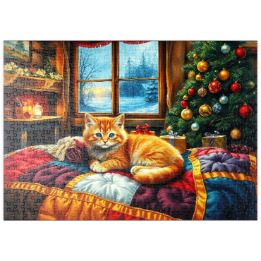 Darstellung des Puzzle Motivs puzzleplate Cozy Christmas Cabin Kitten Winter Window View 500 Puzzle