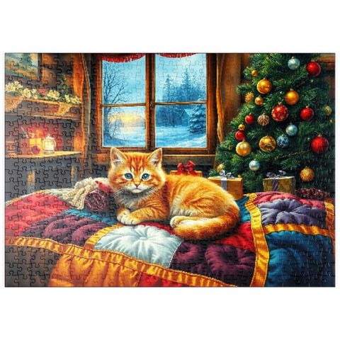 Darstellung des Puzzle Motivs Cozy Christmas Cabin Kitten Winter Window View puzzleplate Cozy Christmas Cabin Kitten Winter Window View 500 Puzzle