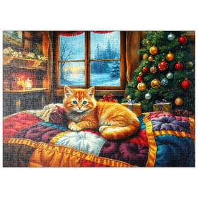 Darstellung des Puzzle Motivs Cozy Christmas Cabin Kitten Winter Window View - Puzzleteile: 500