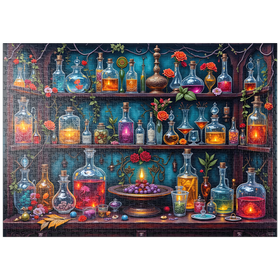 Darstellung des Puzzle-Motivs Enchanted Apothecary Shelf Glowing Potions – Puzzleteile: 1000