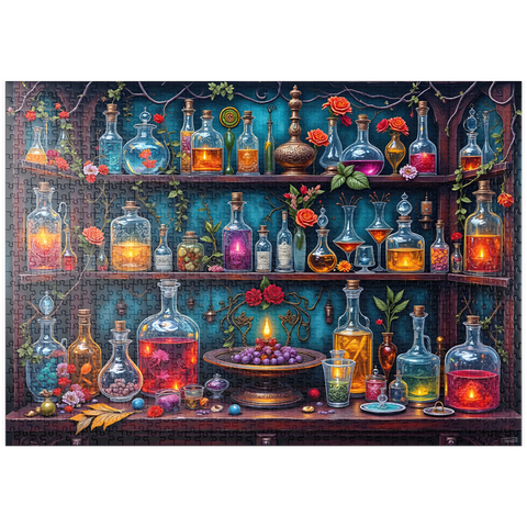 Darstellung des Puzzle Motivs Enchanted Apothecary Shelf Glowing Potions puzzleplate Enchanted Apothecary Shelf Glowing Potions 1000 Puzzle