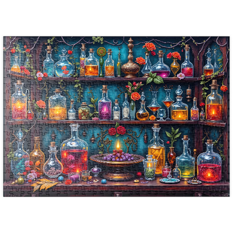 Darstellung des Puzzle Motivs Enchanted Apothecary Shelf Glowing Potions puzzleplate Enchanted Apothecary Shelf Glowing Potions 500 Puzzle