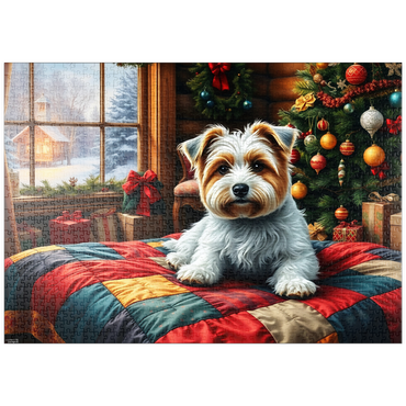 Darstellung des Puzzle Motivs puzzleplate Cozy Christmas Cabin Puppy Portrait 1000 Puzzle