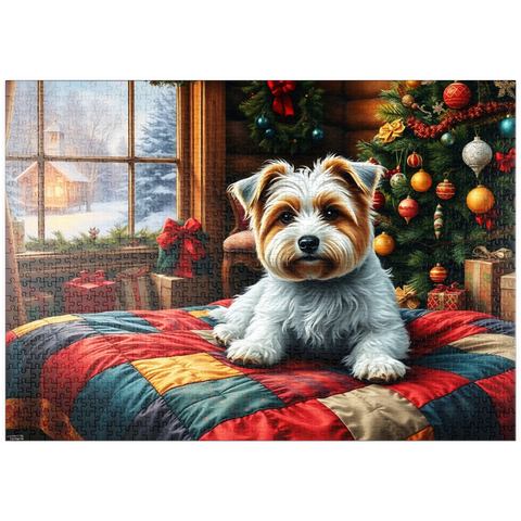 Darstellung des Puzzle Motivs Cozy Christmas Cabin Puppy Portrait puzzleplate Cozy Christmas Cabin Puppy Portrait 1000 Puzzle