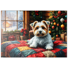 Darstellung des Puzzle Motivs Cozy Christmas Cabin Puppy Portrait - Puzzleteile: 100