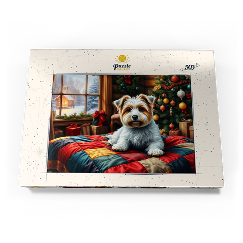 Darstellung des Puzzle Motivs Cozy Christmas Cabin Puppy Portrait Cozy Christmas Cabin Puppy Portrait 500 Puzzle Schachtel Ansicht3