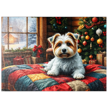 Darstellung des Puzzle Motivs puzzleplate Cozy Christmas Cabin Puppy Portrait 500 Puzzle