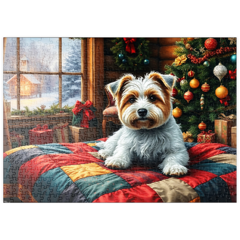 Darstellung des Puzzle Motivs Cozy Christmas Cabin Puppy Portrait puzzleplate Cozy Christmas Cabin Puppy Portrait 500 Puzzle