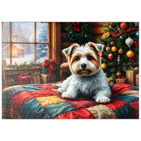 Darstellung des Puzzle Motivs Cozy Christmas Cabin Puppy Portrait - Puzzleteile: 500