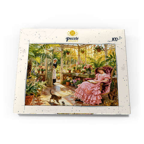 Darstellung des Puzzle Motivs Sunlit Victorian Greenhouse Reading Nook Sunlit Victorian Greenhouse Reading Nook 100 Puzzle Schachtel Ansicht3