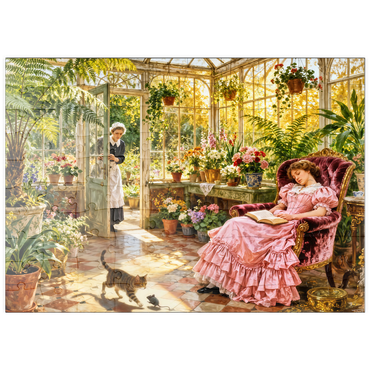 Darstellung des Puzzle Motivs puzzleplate Sunlit Victorian Greenhouse Reading Nook 100 Puzzle