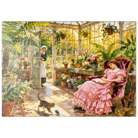 Darstellung des Puzzle Motivs Sunlit Victorian Greenhouse Reading Nook - Puzzleteile: 100