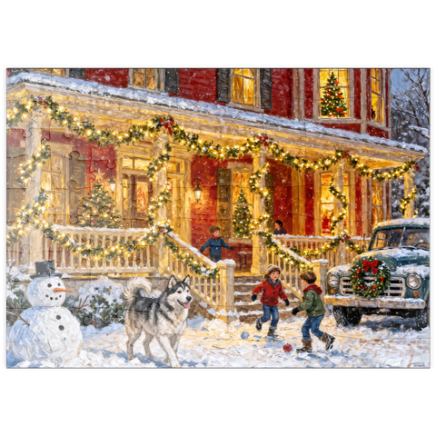 Darstellung des Puzzle Motivs Cozy Christmas Farmhouse Porch Lights puzzleplate Cozy Christmas Farmhouse Porch Lights 100 Puzzle