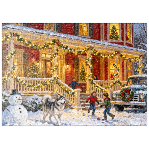 Darstellung des Puzzle Motivs Cozy Christmas Farmhouse Porch Lights puzzleplate Cozy Christmas Farmhouse Porch Lights 500 Puzzle
