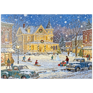 Darstellung des Puzzle Motivs puzzleplate Snowy Victorian Christmas Town Square House 1000 Puzzle